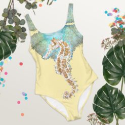 yellow swimsuit with seahorse pattern