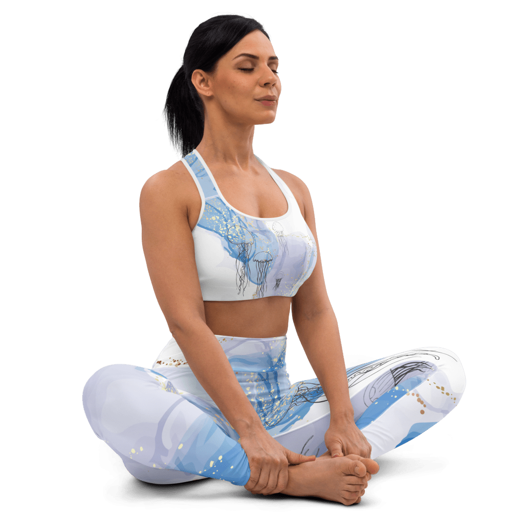 Woman sitting in a yoga position wearing Jellyfish outfit from Mantaraj