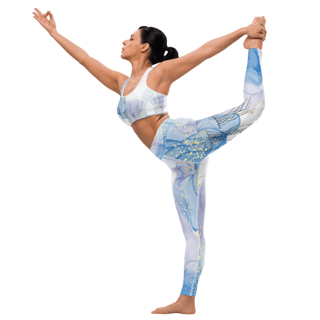 Woman in Dancers Pose Natarajasana wearing Jellyfish yoga clothes from Mantaraj