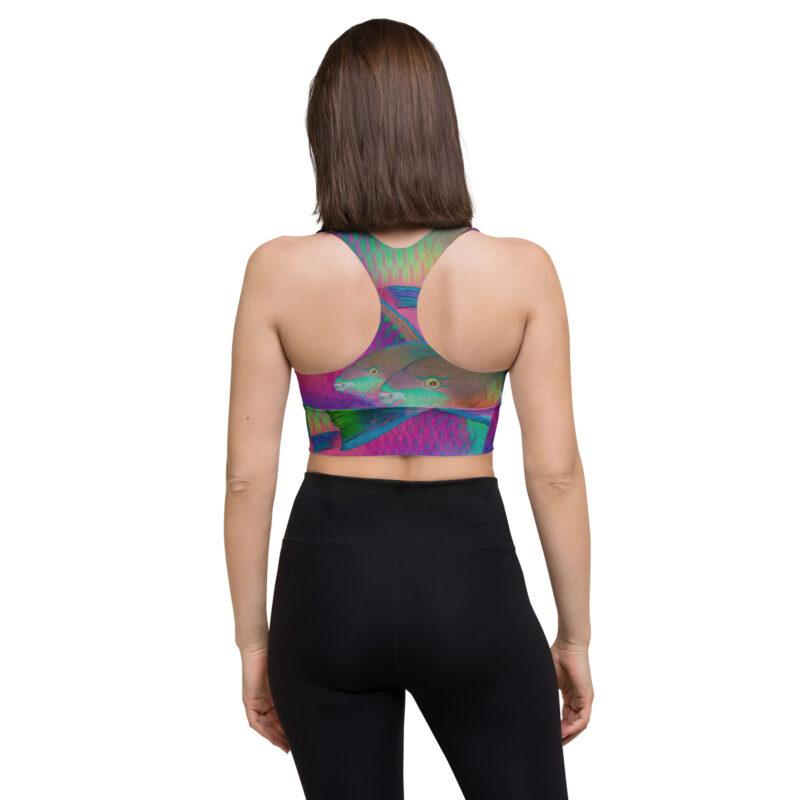 Longline Sports Bra for swimming with colorful parrotfish pattern